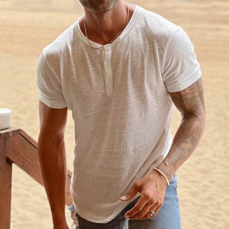 Men's Solid Color Short Sleeve Henley T-shirt