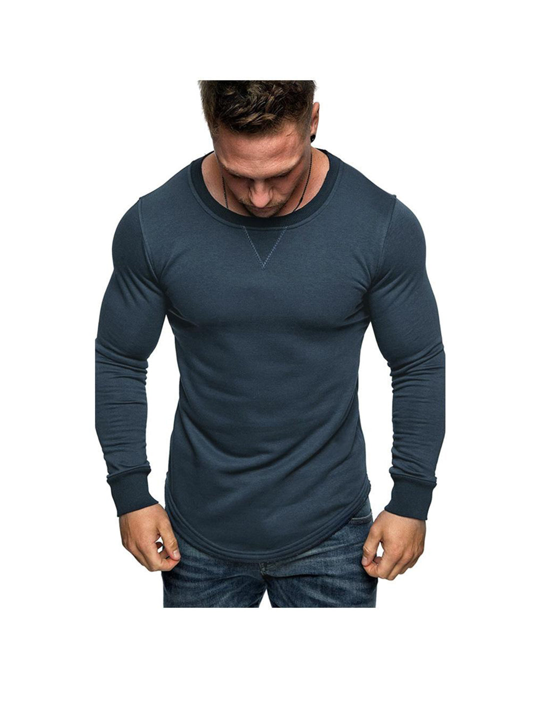 Men's Solid Color Crew Neck Patchwork Long Sleeve T-Shirt
