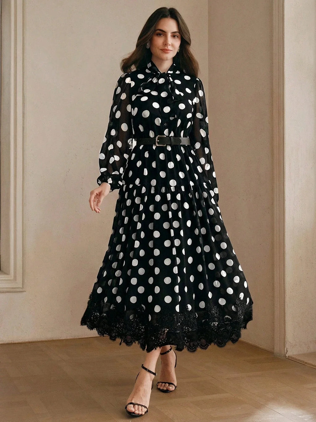 Women's Polka Dot Chiffon Lace Splice Tie Waist Elegant Dress