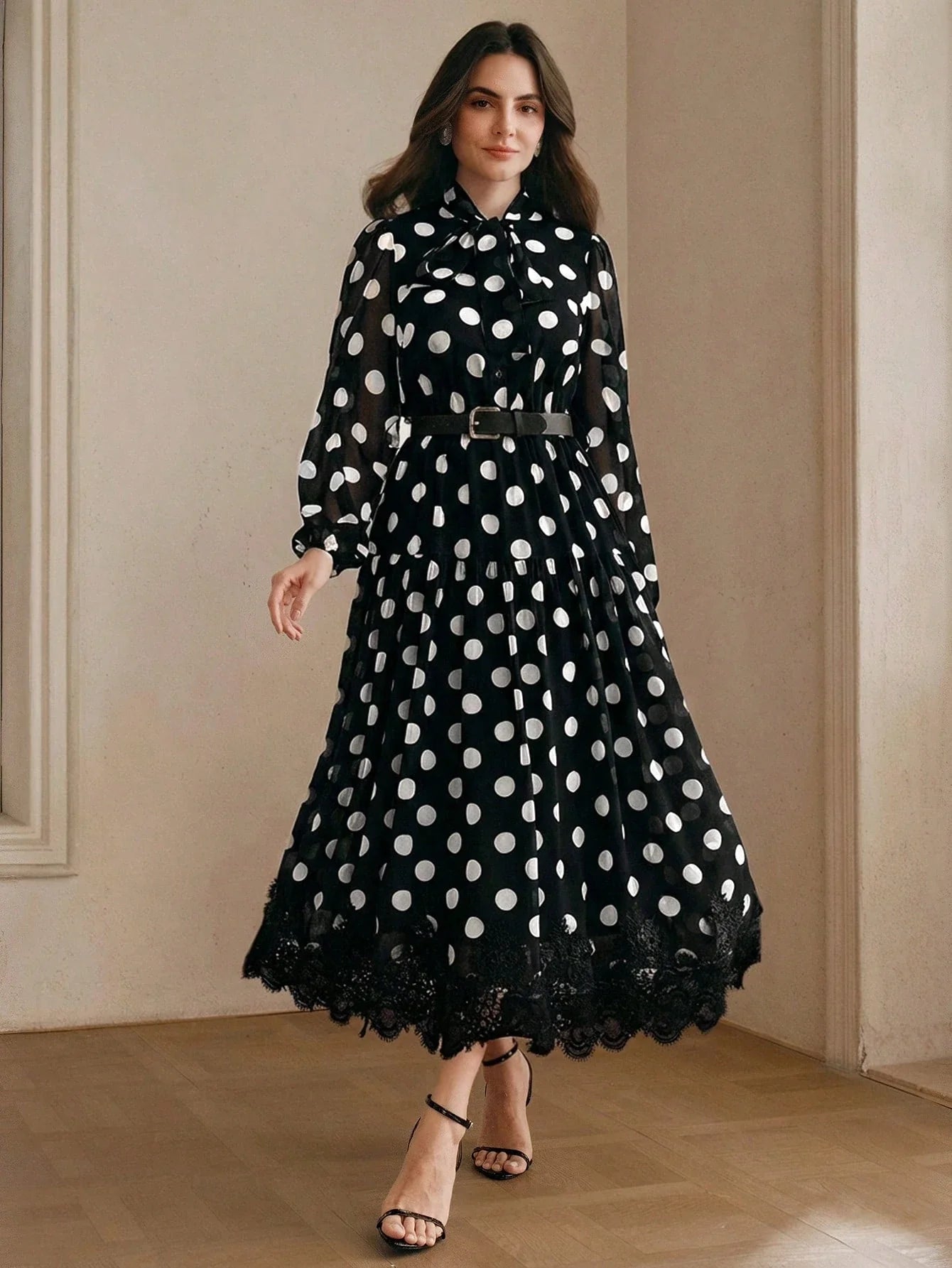 Women's Polka Dot Chiffon Lace Splice Tie Waist Elegant Dress