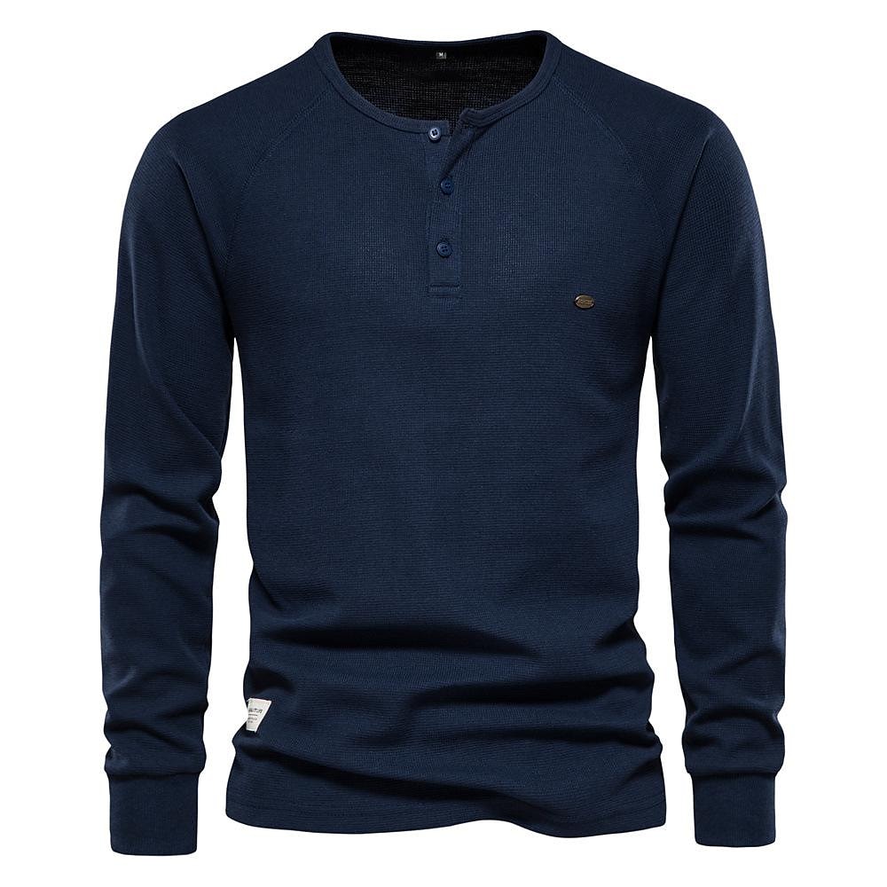 Men's Solid Waffle Raglan Sleeve Henley Collar T-Shirt