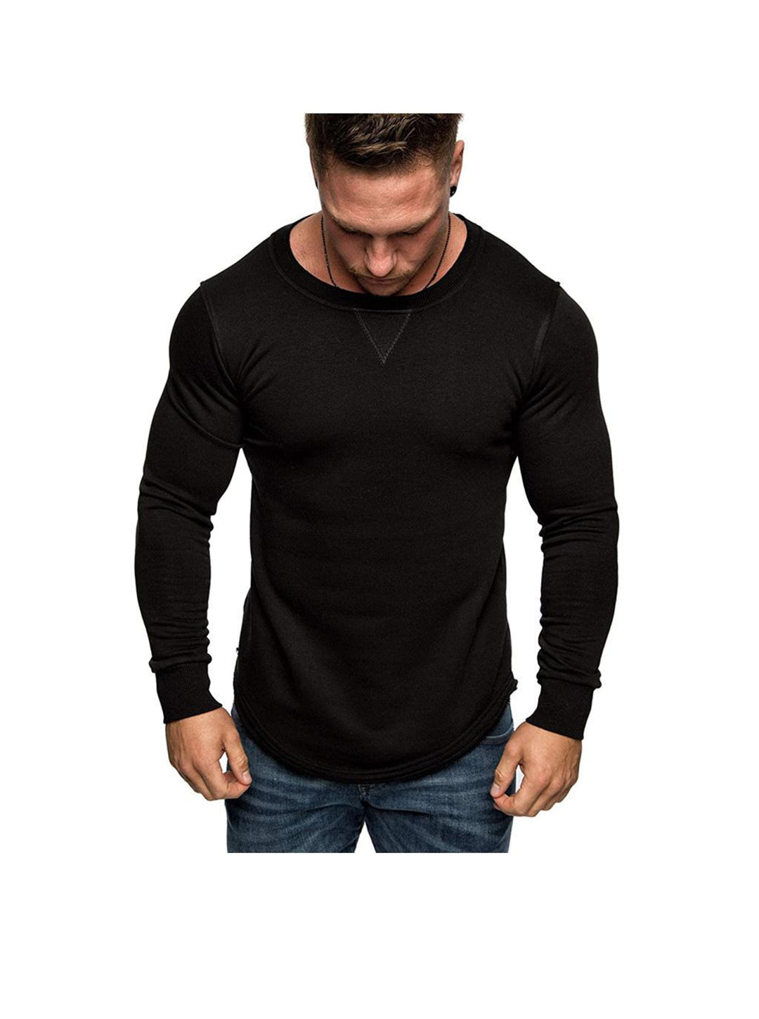 Men's Solid Color Crew Neck Patchwork Long Sleeve T-Shirt