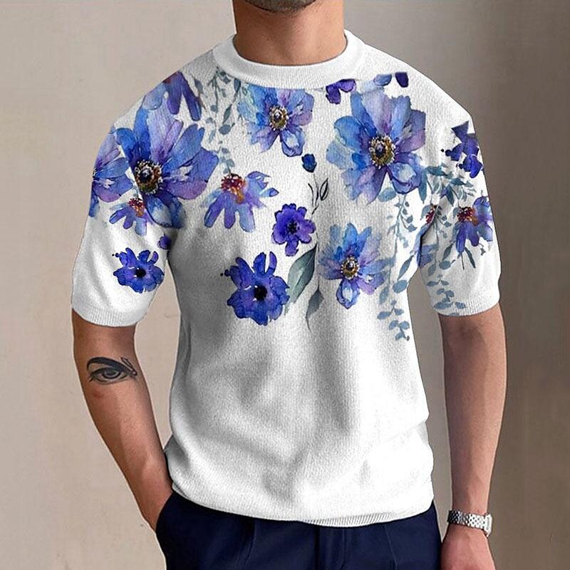 Men's Faux Cotton Knit Crew Neck Fixed Printing Short Sleeve T-Shirt