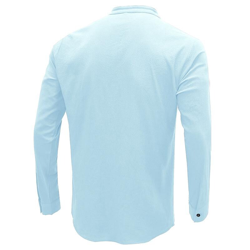 Men's Henley Collar Cotton Linen Long Sleeve Shirt