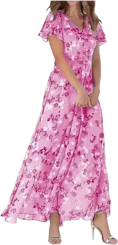 2026 European And American New Style Beach Long Skirt Chiffon Floral Short-Sleeved Ruffled V-Neck Fashionable Waist Dress