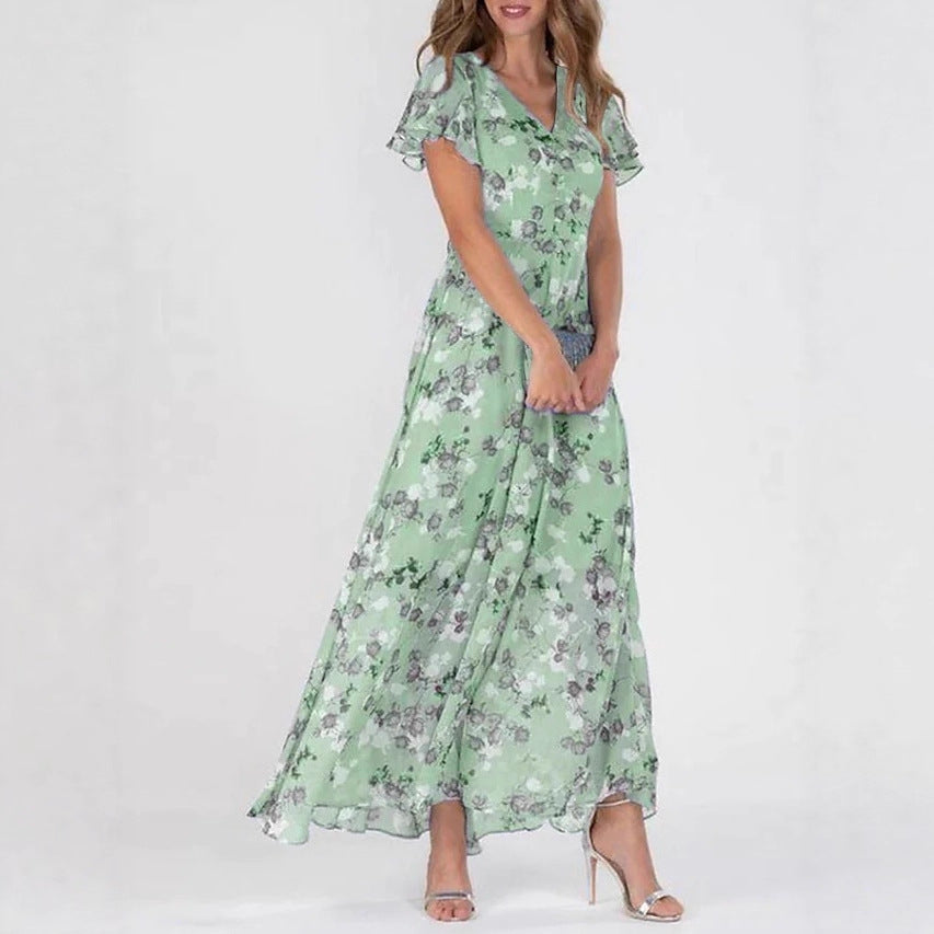 2026 European And American New Style Beach Long Skirt Chiffon Floral Short-Sleeved Ruffled V-Neck Fashionable Waist Dress