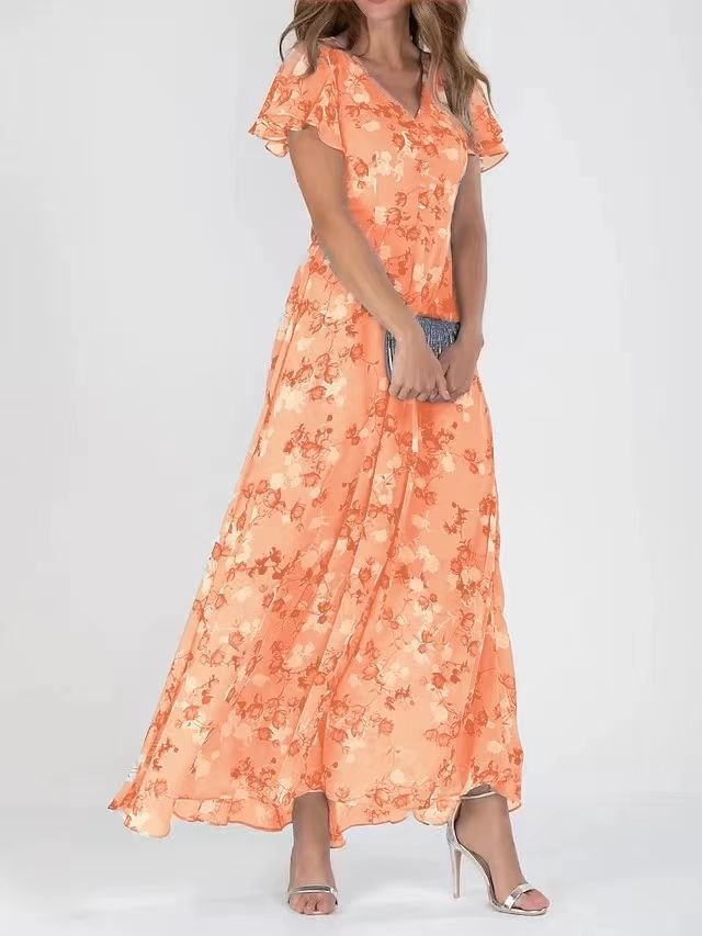 2026 European And American New Style Beach Long Skirt Chiffon Floral Short-Sleeved Ruffled V-Neck Fashionable Waist Dress