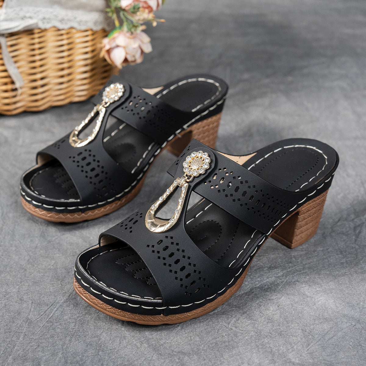 Orthopedic Rhinestones Heel Sandals
