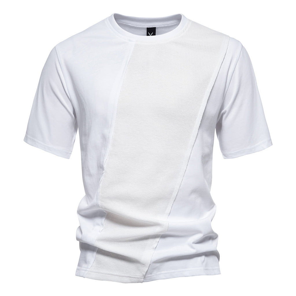 Men's Cotton Waffle Patchwork Round Neck Short Sleeve T-Shirt
