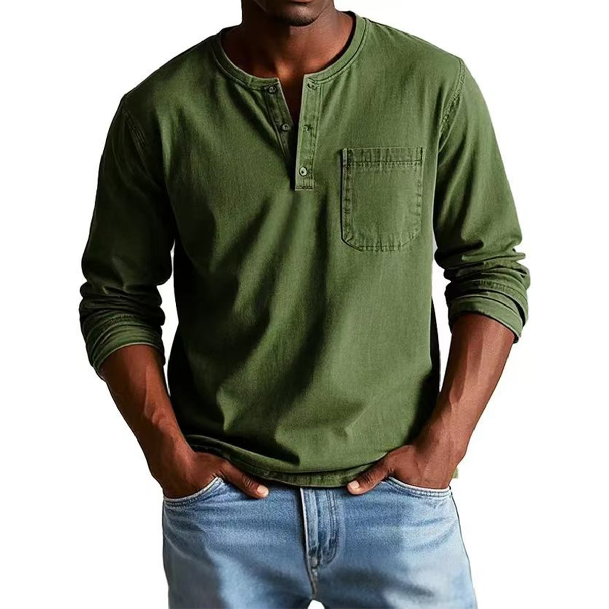 Men's Vintage Distressed Pocket Long Sleeve Henley Shirt
