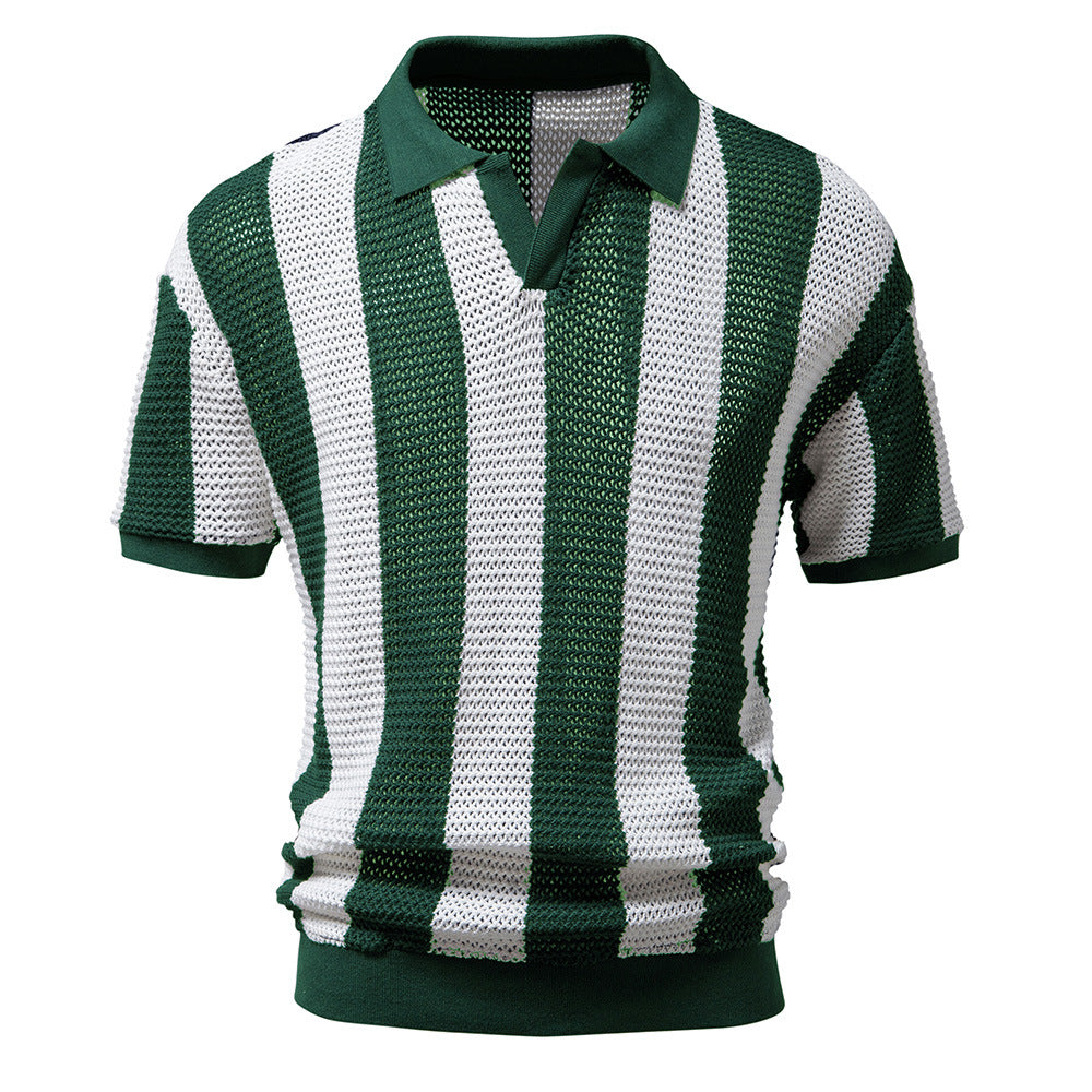 Men's Vintage Striped Hollow Out Polo Shirt