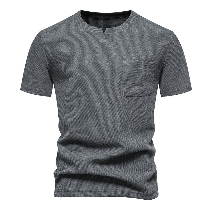 Men's Solid Color V-Neck Short Sleeve T-Shirt with Pocket