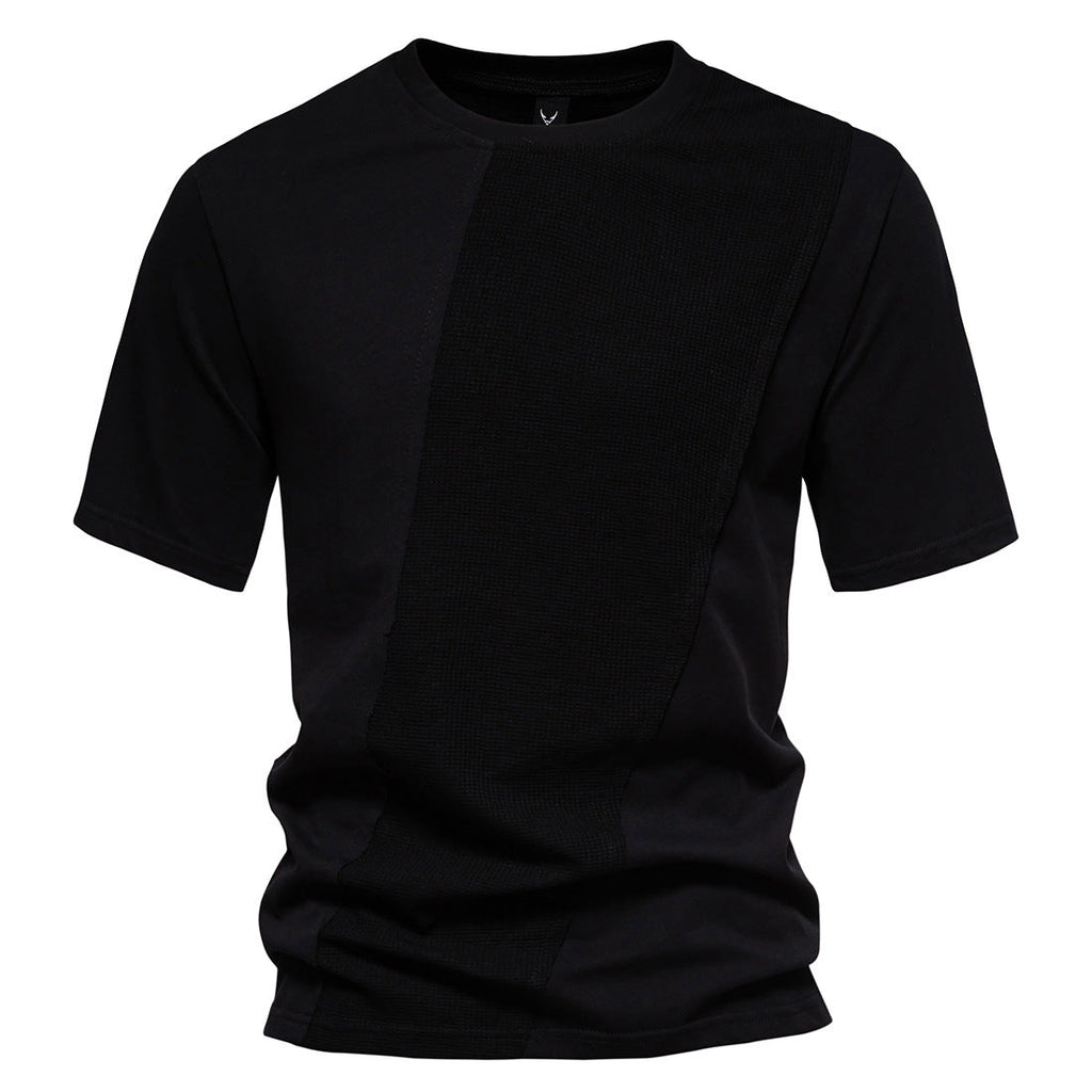 Men's Cotton Waffle Patchwork Round Neck Short Sleeve T-Shirt