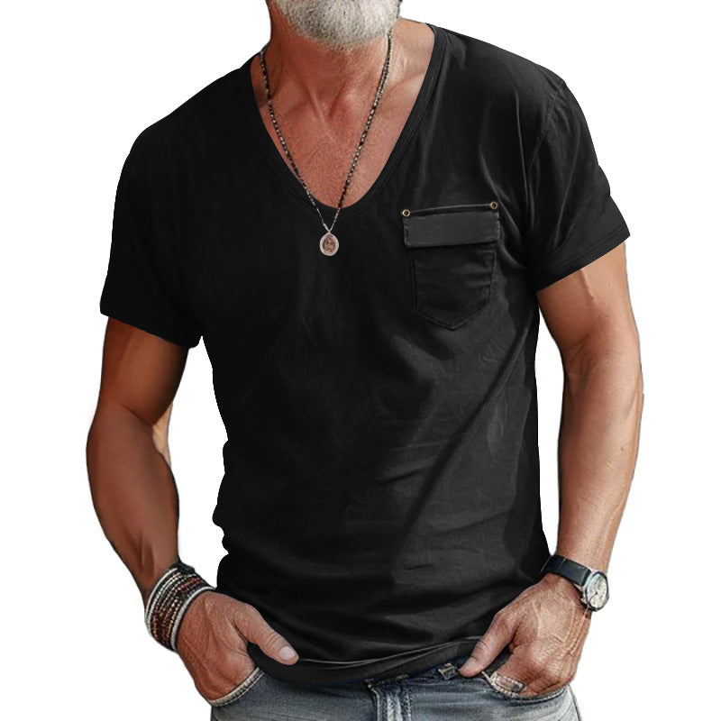 Men's Solid Color U-neck Short Sleeve T-shirt