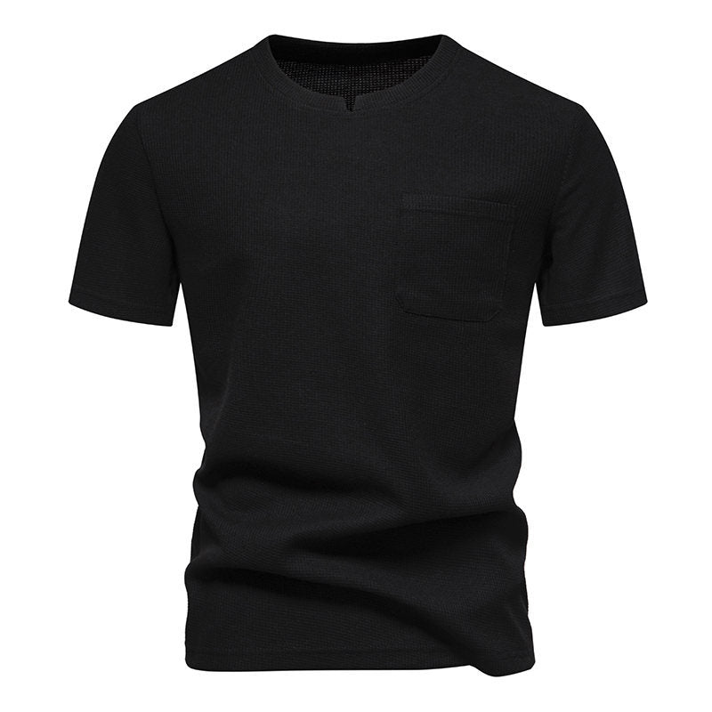 Men's Solid Color V-Neck Short Sleeve T-Shirt with Pocket