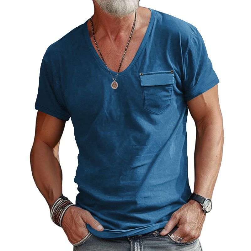 Men's Solid Color U-neck Short Sleeve T-shirt