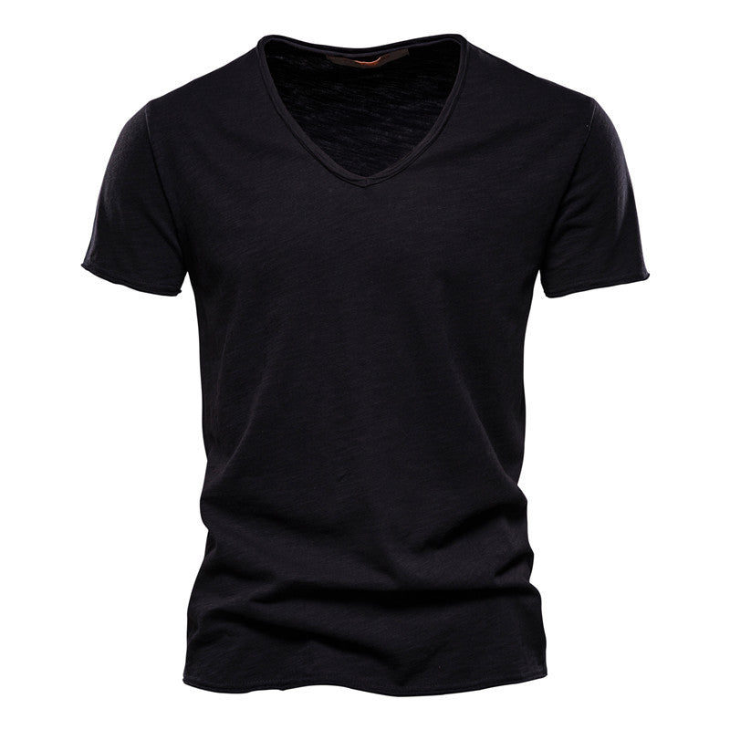 Men's Textured Solid Color V-neck T-shirt