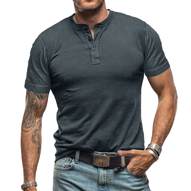 Men's Solid Color Crew Neck Short Sleeve Henley T-Shirt