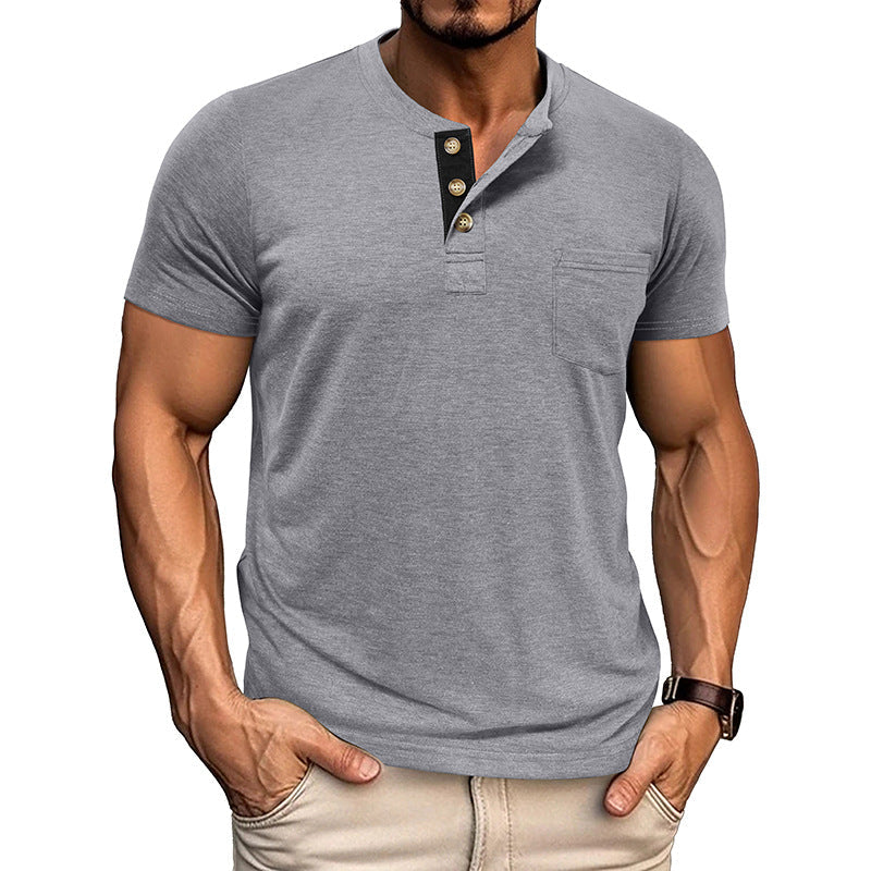 Men's Solid Color Henley Short Sleeve T-shirt