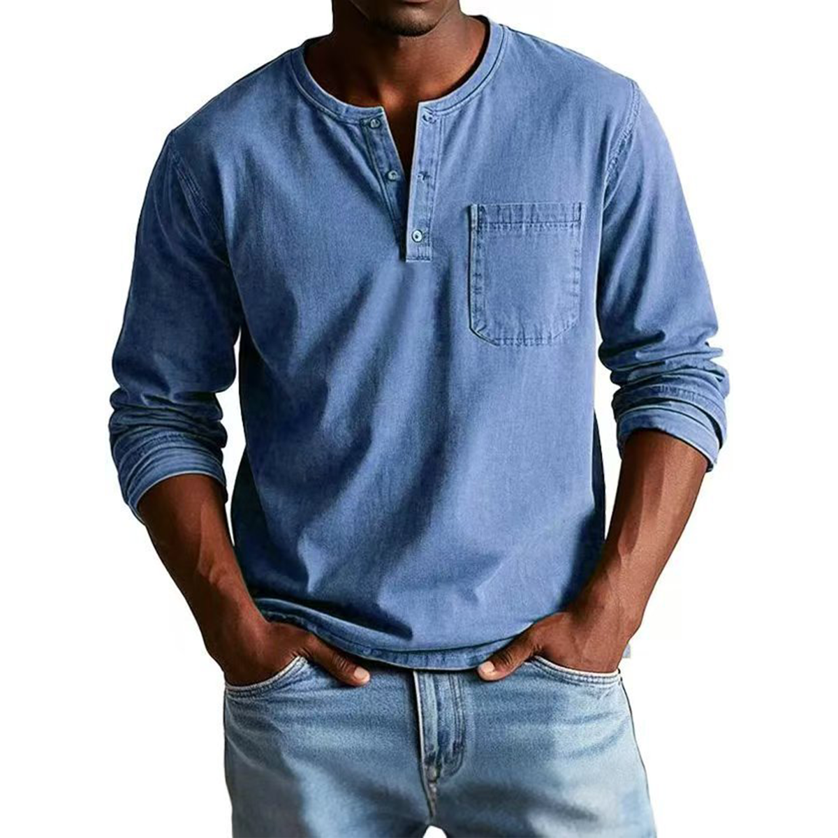Men's Vintage Distressed Pocket Long Sleeve Henley Shirt