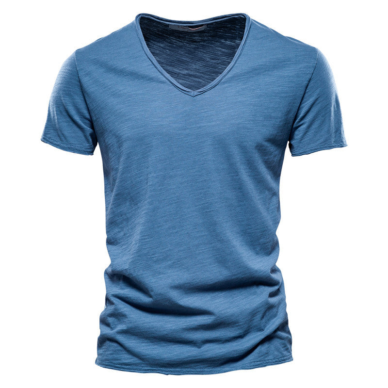 Men's Textured Solid Color V-neck T-shirt