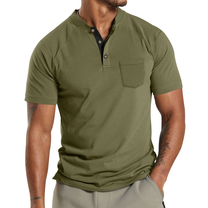 Men's Solid Color Pocket Short Sleeve Henley T-shirt