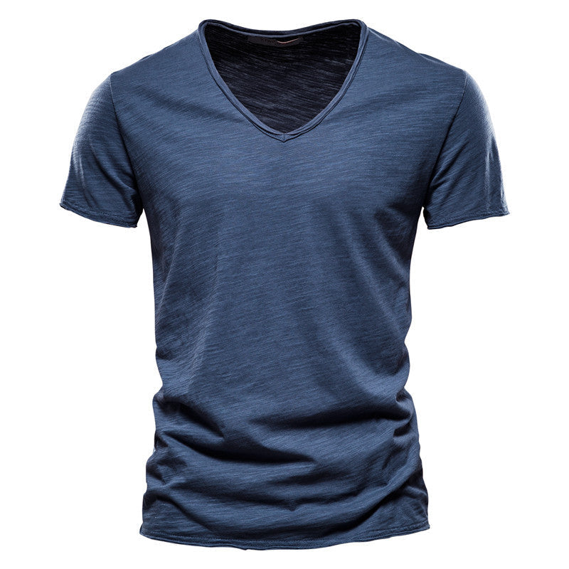 Men's Textured Solid Color V-neck T-shirt
