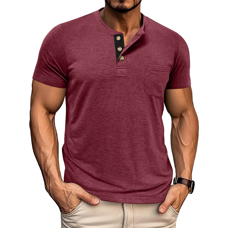Men's Solid Color Henley Short Sleeve T-shirt