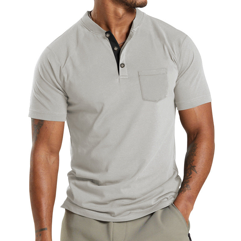 Men's Solid Color Pocket Short Sleeve Henley T-shirt