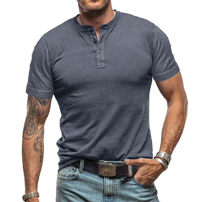 Men's Solid Color Crew Neck Short Sleeve Henley T-Shirt