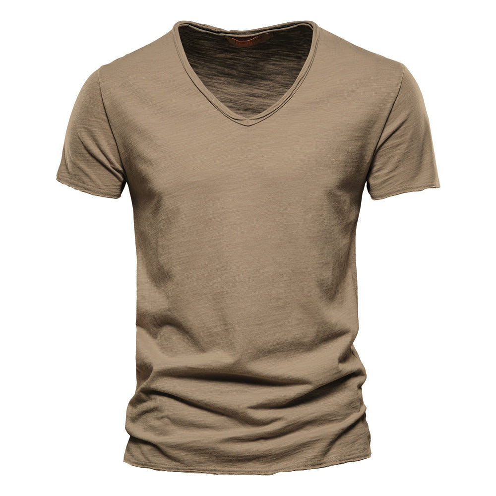 Men's Textured Solid Color V-neck T-shirt