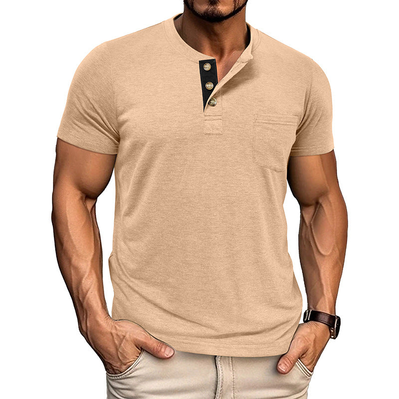 Men's Solid Color Henley Short Sleeve T-shirt
