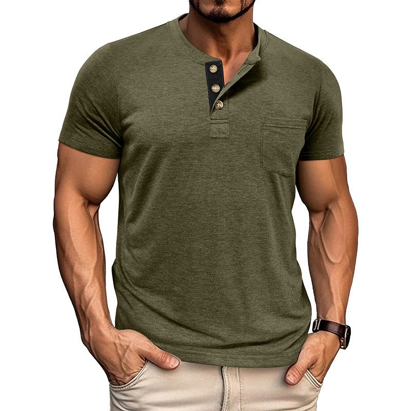 Men's Solid Color Henley Short Sleeve T-shirt
