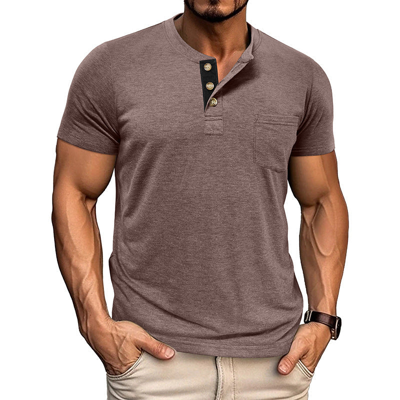 Men's Solid Color Henley Short Sleeve T-shirt