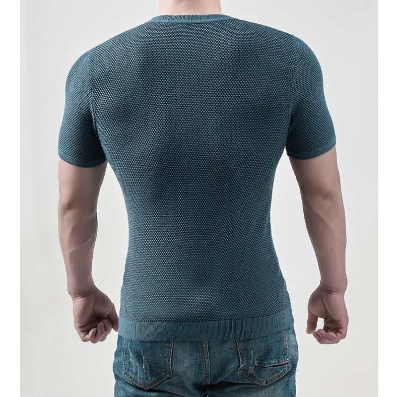 Men's Two-tone Textured Crew Neck Rib Knit Short Sleeve T-Shirt