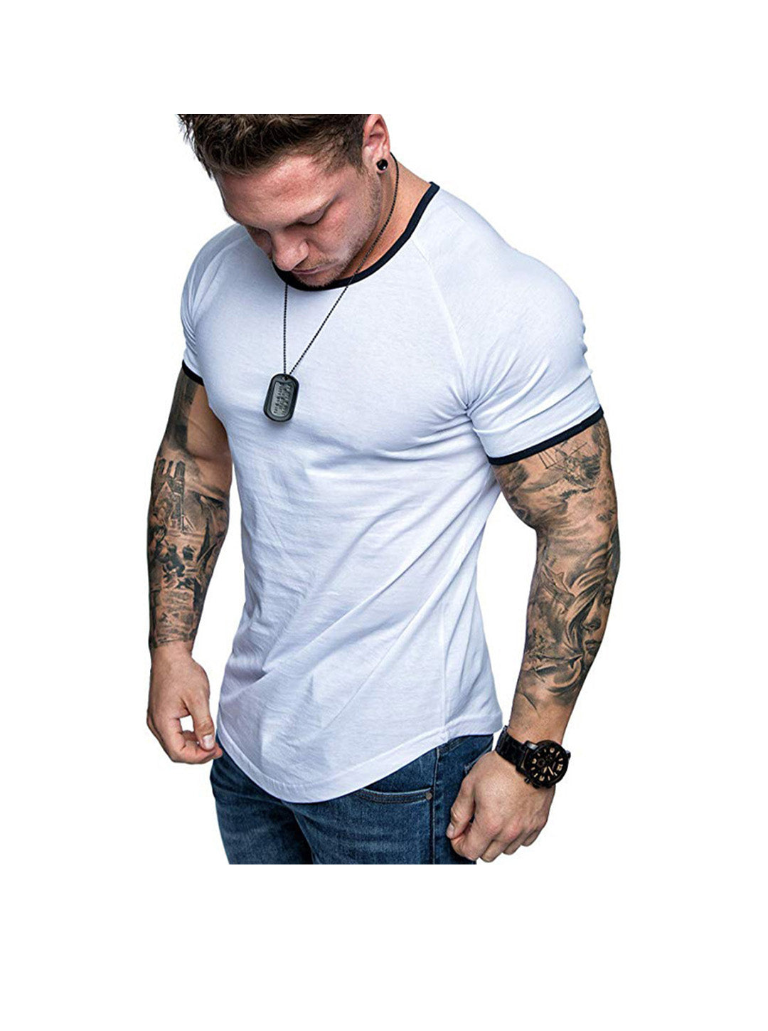 Men's Contrasting Solid Color Crew Neck Raglan Sleeves T-shirt