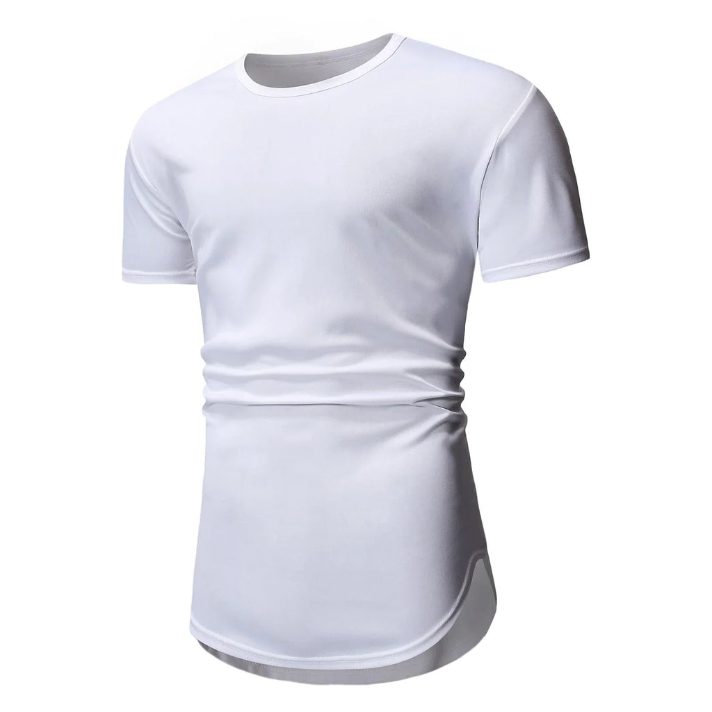 Men's Solid Color Short-sleeved Lengthened Arc Hem T-shirt