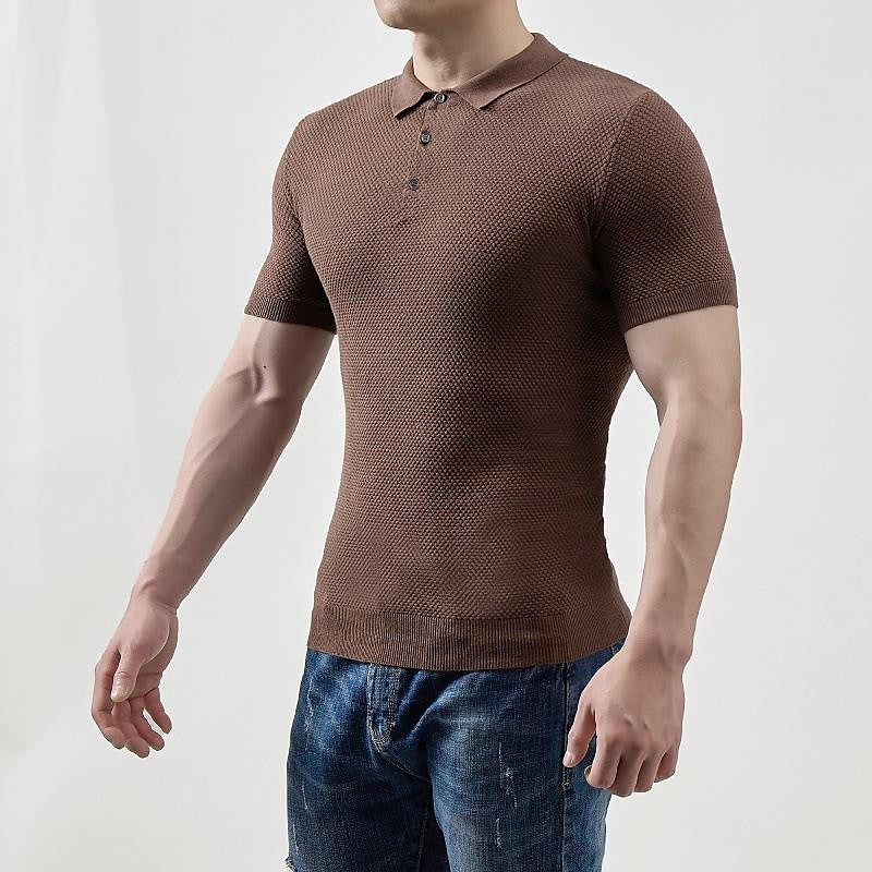 Men's Solid Textured Rib Knit Short Sleeve Polo T-Shirt