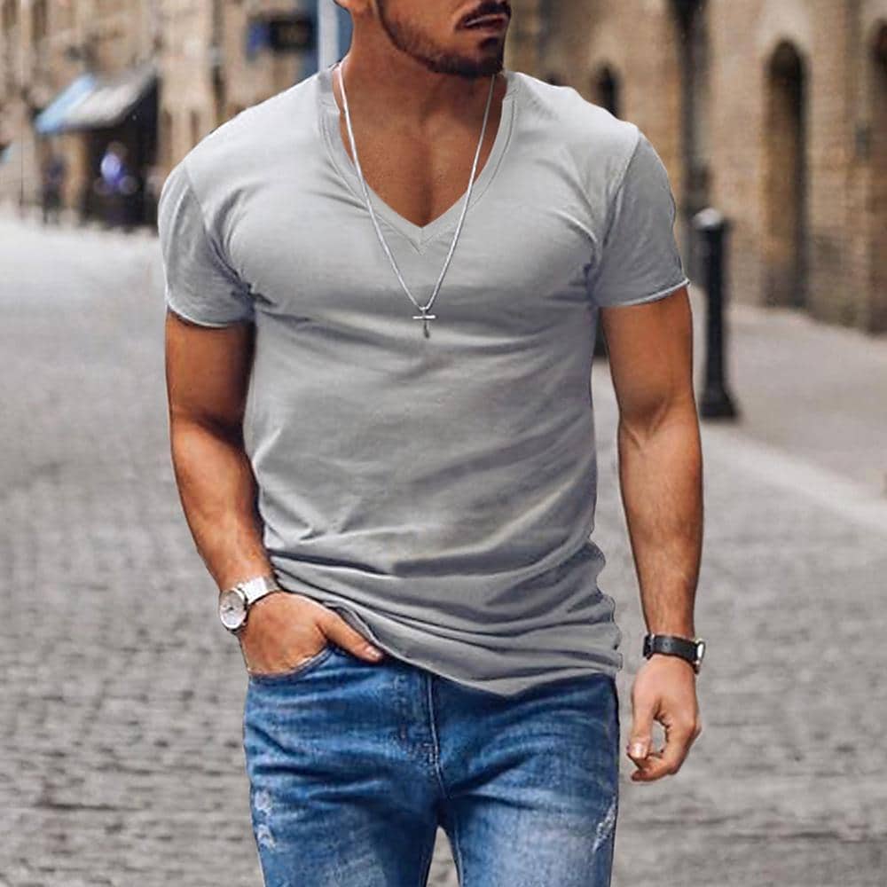 Men's Solid Color V-neck Short Sleeve T-shirt