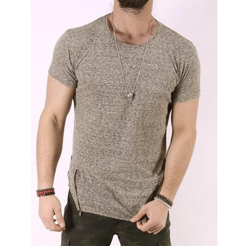 Men's Solid Color Zipper Short-sleeved T-shirt