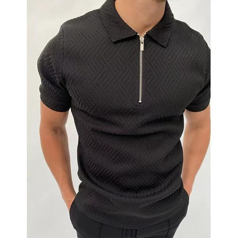 Men's Texture Print Zip Short Sleeve Polo T-Shirt