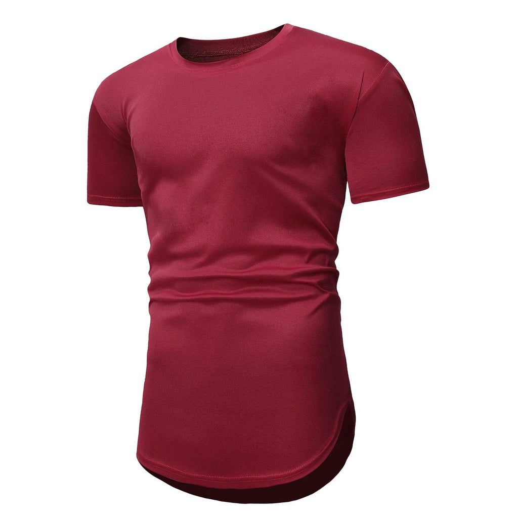Men's Solid Color Short-sleeved Lengthened Arc Hem T-shirt