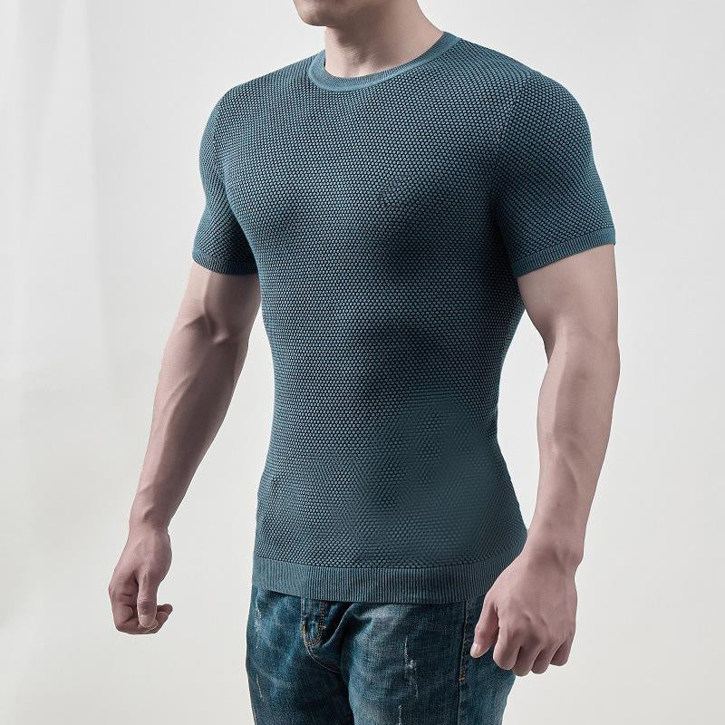 Men's Two-tone Textured Crew Neck Rib Knit Short Sleeve T-Shirt