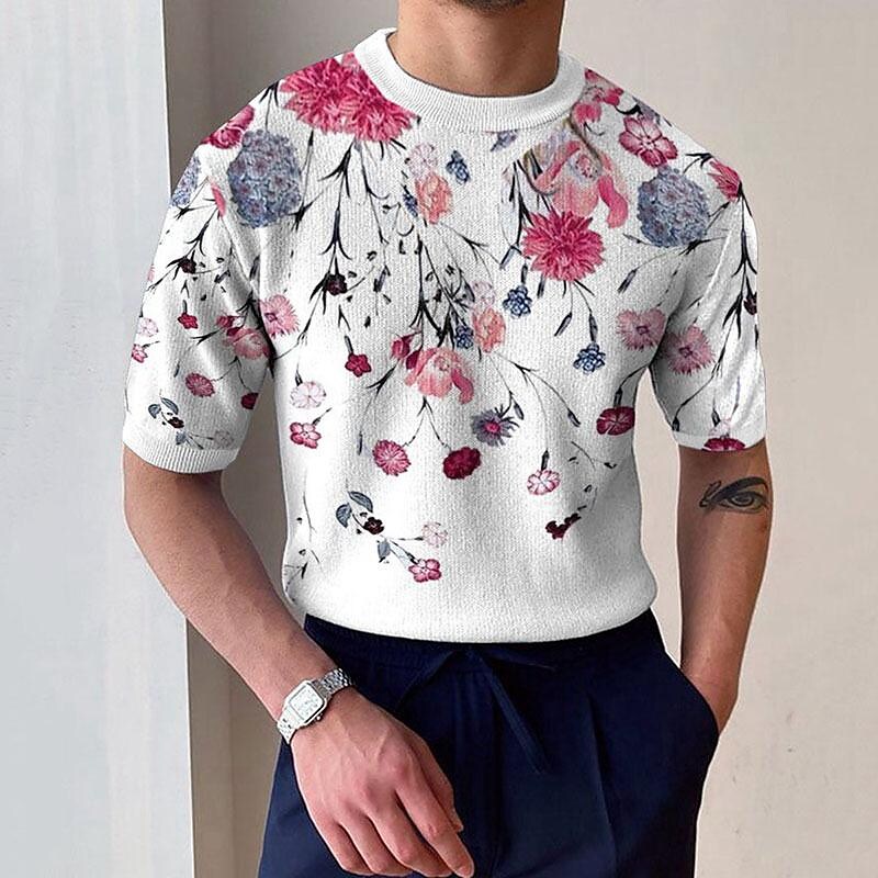 Men's Faux Cotton Knit Crew Neck Fixed Floral Print Short Sleeve T-Shirt
