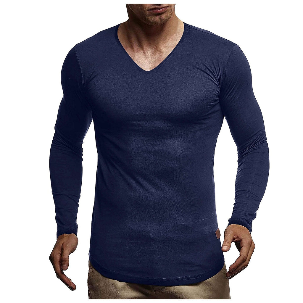 Men's Solid Color Round Neck And V-neck Long-sleeved T-shirt