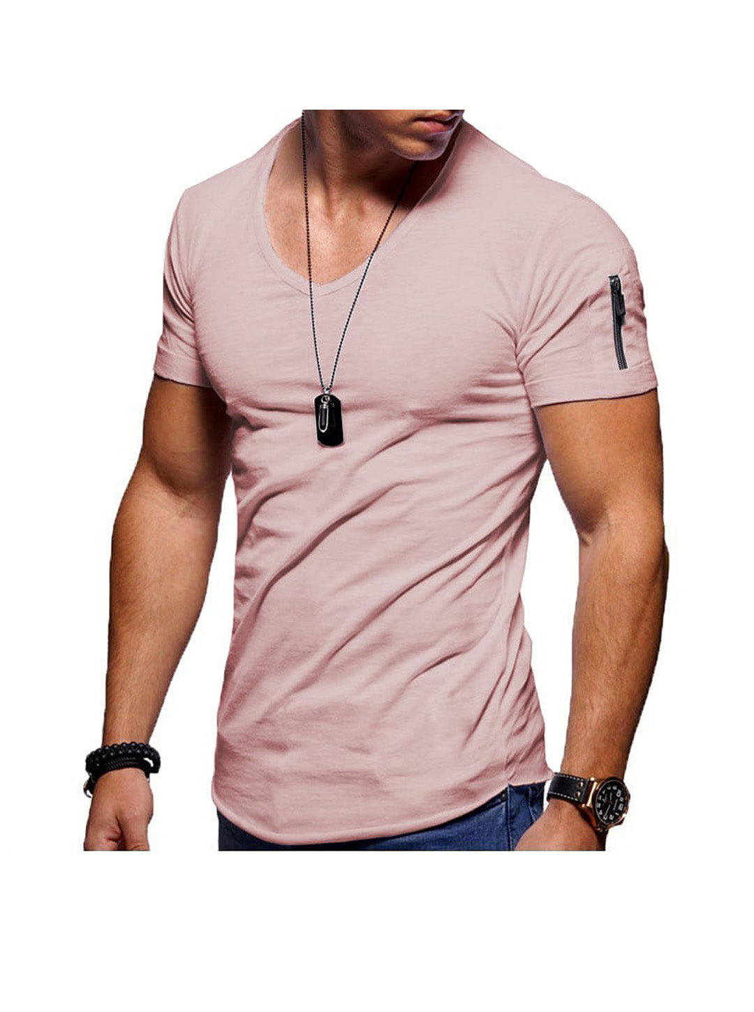 Men's Solid Color V- neck Short Sleeve T-shirt WIth Zippered Sleeve Arms