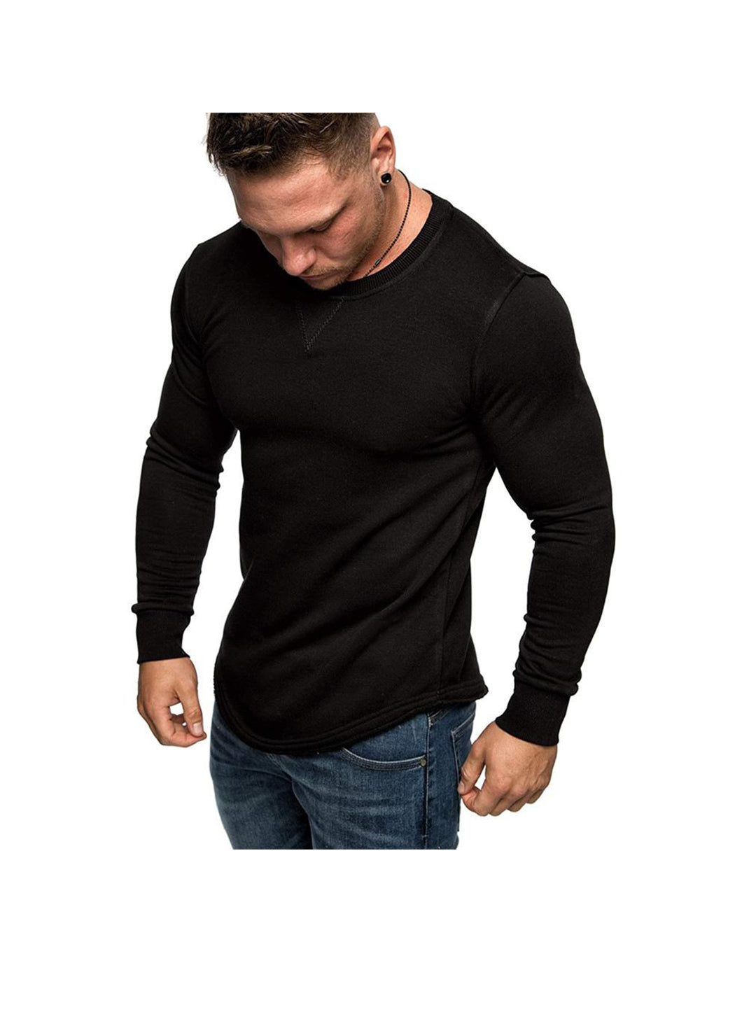 Men's Solid Color Crew Neck Patchwork Long Sleeve T-Shirt