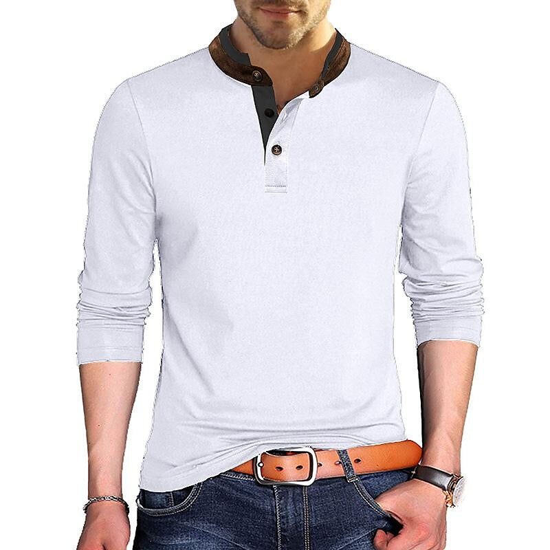 Men's Henley Solid Color Patchwork Long Sleeve T-Shirt