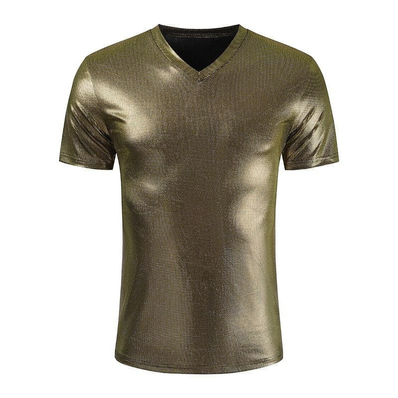 Men's Shiny Casual Solid Color Slim Fit Short Sleeve V-Neck T-Shirt