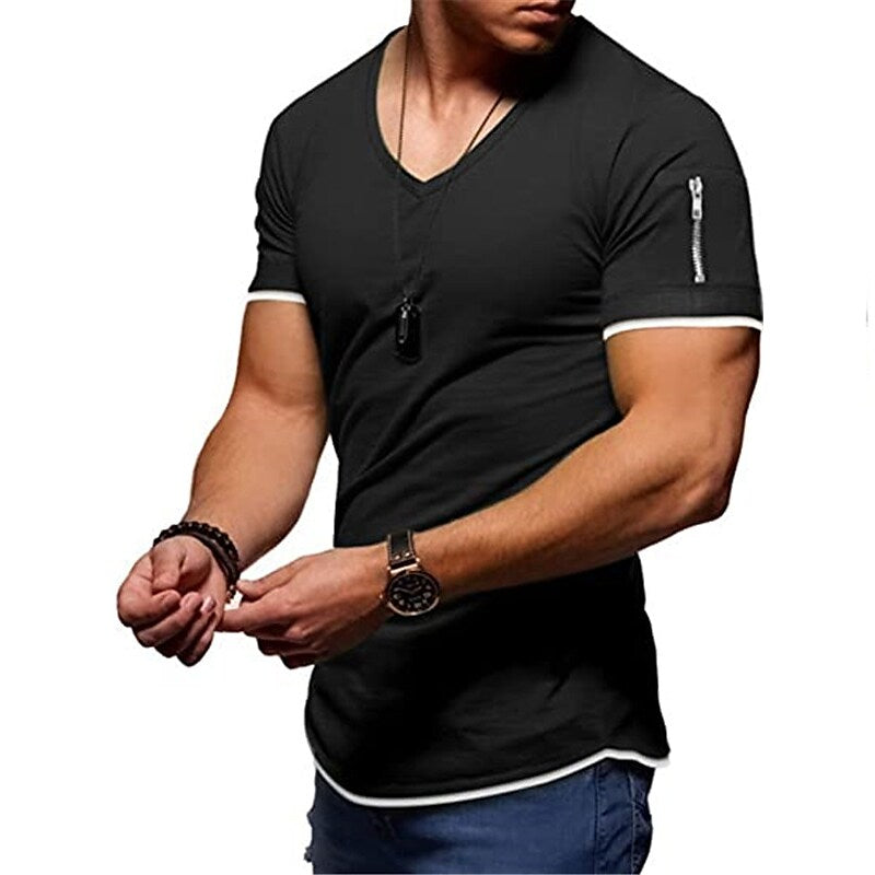 Men's Solid Color V Neck Street Casual T-shirt